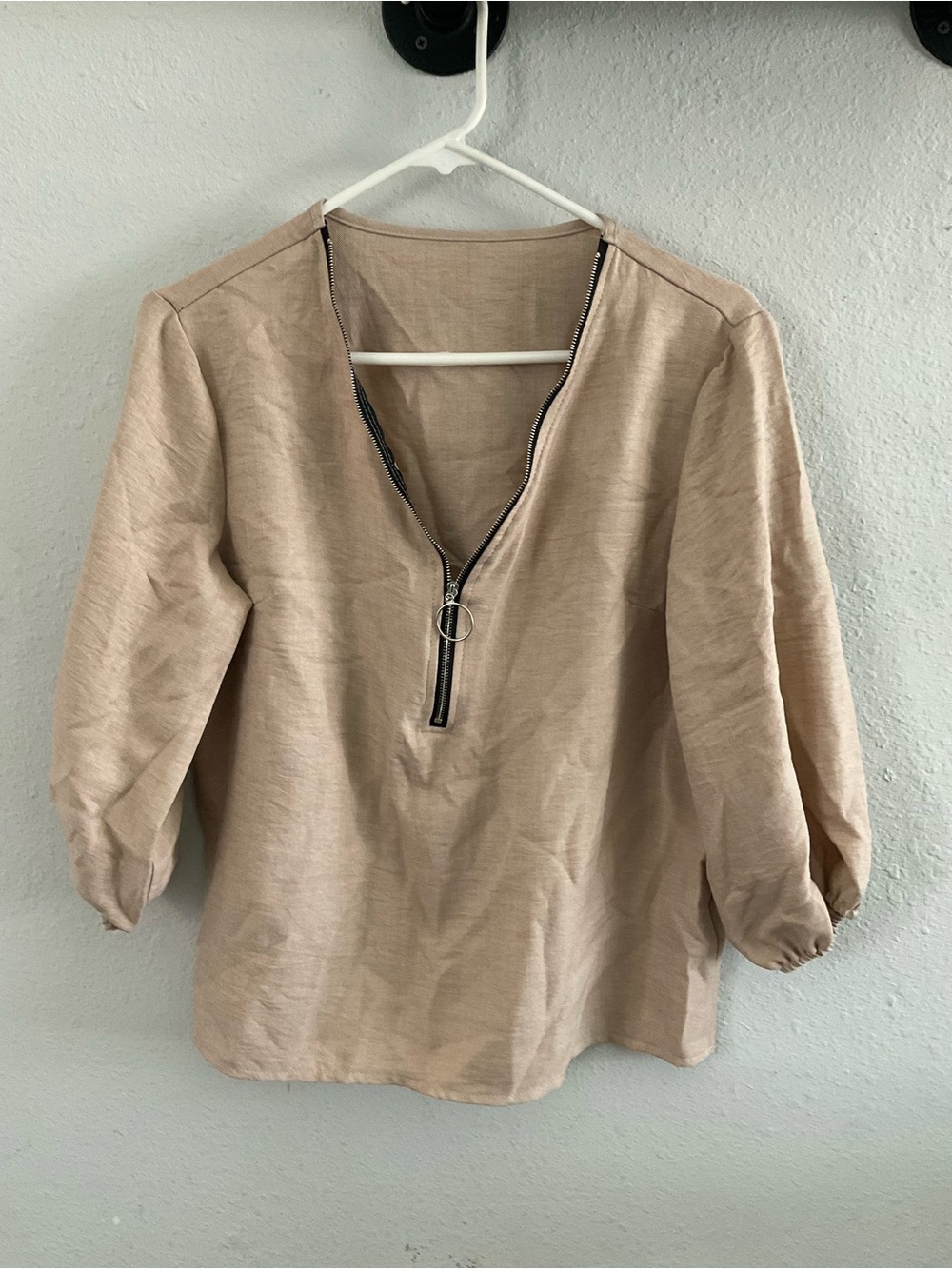 SHEIN Taupe Zip-Front Balloon Sleeve Top